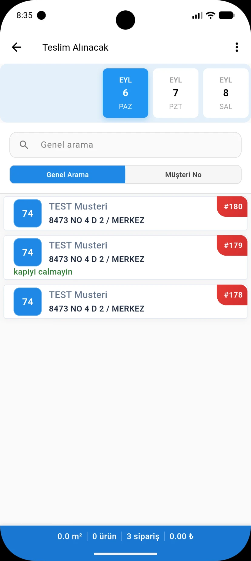 PetraPOS halı takip programı sipariş listesi